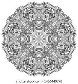 Mandala, tracery wheel mehndi design. Ethnic ornament, doodle symmetry texture. Folk traditional spiritual tribal design. Curved shape, isolated on white. Binary monochrome black and white art. Vector