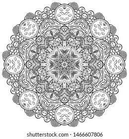 Mandala, tracery wheel mehndi design. Ethnic ornament, doodle symmetry texture. Folk traditional spiritual tribal design. Curved shape, isolated on white. Binary monochrome black and white art. Vector