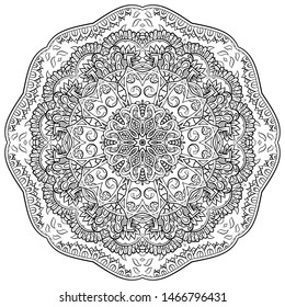 Mandala, tracery wheel mehndi design. Ethnic ornament, doodle symmetry texture. Folk traditional spiritual tribal design. Curved shape, isolated on white. Binary monochrome black and white art. Vector