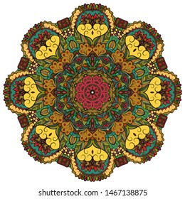 Mandala, tracery wheel mehndi design. Ethnic ornament, colorful doodle symmetry texture. Folk traditional spiritual tribal design. Curved shape, isolated on white. Color art. Vector