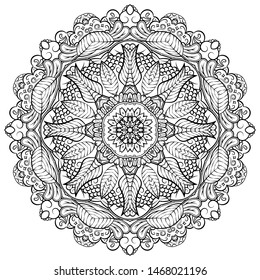 Mandala, tracery wheel mehndi design. Ethnic ornament, doodle symmetry texture. Folk traditional spiritual tribal design. Curved shape, isolated on white. Binary monochrome black and white art. Vector