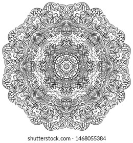 Mandala, tracery wheel mehndi design. Ethnic ornament, doodle symmetry texture. Folk traditional spiritual tribal design. Curved shape, isolated on white. Binary monochrome black and white art. Vector