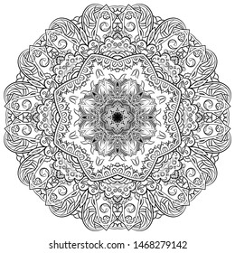 Mandala, tracery wheel mehndi design. Ethnic ornament, doodle symmetry texture. Folk traditional spiritual tribal design. Curved shape, isolated on white. Binary monochrome black and white art. Vector