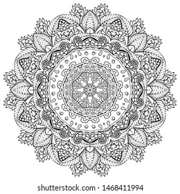 Mandala, tracery wheel mehndi design. Ethnic ornament, doodle symmetry texture. Folk traditional spiritual tribal design. Curved shape, isolated on white. Binary monochrome black and white art. Vector