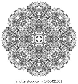 Mandala, tracery wheel mehndi design. Ethnic ornament, doodle symmetry texture. Folk traditional spiritual tribal design. Curved shape, isolated on white. Binary monochrome black and white art. Vector