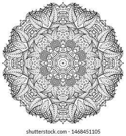 Mandala, tracery wheel mehndi design. Ethnic ornament, doodle symmetry texture. Folk traditional spiritual tribal design. Curved shape, isolated on white. Binary monochrome black and white art. Vector
