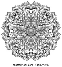 Mandala, tracery wheel mehndi design. Ethnic ornament, doodle symmetry texture. Folk traditional spiritual tribal design. Curved shape, isolated on white. Binary monochrome black and white art. Vector