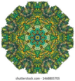 Mandala, tracery wheel mehndi design. Ethnic ornament, colorful doodle symmetry texture. Folk traditional spiritual tribal design. Curved shape, isolated on white. Color art. Vector