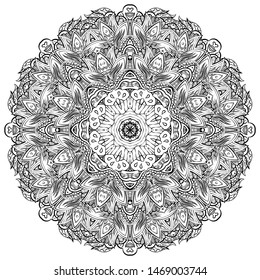 Mandala, tracery wheel mehndi design. Ethnic ornament, doodle symmetry texture. Folk traditional spiritual tribal design. Curved shape, isolated on white. Binary monochrome black and white art. Vector