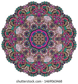 Mandala, tracery wheel mehndi design. Ethnic ornament, colorful doodle symmetry texture. Folk traditional spiritual tribal design. Curved shape, isolated on white. Color art. Vector