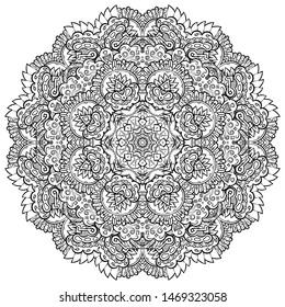 Mandala, tracery wheel mehndi design. Ethnic ornament, doodle symmetry texture. Folk traditional spiritual tribal design. Curved shape, isolated on white. Binary monochrome black and white art. Vector