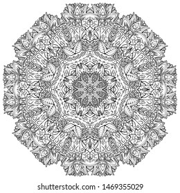 Mandala, tracery wheel mehndi design. Ethnic ornament, doodle symmetry texture. Folk traditional spiritual tribal design. Curved shape, isolated on white. Binary monochrome black and white art. Vector