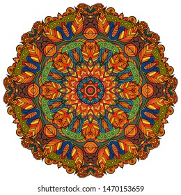Mandala, tracery wheel mehndi design. Ethnic ornament, colorful doodle symmetry texture. Folk traditional spiritual tribal design. Curved shape, isolated on white. Color art. Vector