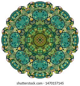 Mandala, tracery wheel mehndi design. Ethnic ornament, colorful doodle symmetry texture. Folk traditional spiritual tribal design. Curved shape, isolated on white. Color art. Vector