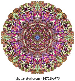 Mandala, tracery wheel mehndi design. Ethnic ornament, colorful doodle symmetry texture. Folk traditional spiritual tribal design. Curved shape, isolated on white. Color art. Vector
