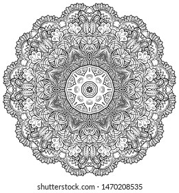 Mandala, tracery wheel mehndi design. Ethnic ornament, doodle symmetry texture. Folk traditional spiritual tribal design. Curved shape, isolated on white. Binary monochrome black and white art. Vector