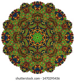 Mandala, tracery wheel mehndi design. Ethnic ornament, colorful doodle symmetry texture. Folk traditional spiritual tribal design. Curved shape, isolated on white. Color art. Vector