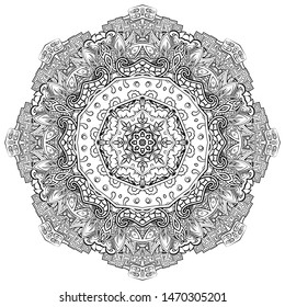 Mandala, tracery wheel mehndi design. Ethnic ornament, doodle symmetry texture. Folk traditional spiritual tribal design. Curved shape, isolated on white. Binary monochrome black and white art. Vector