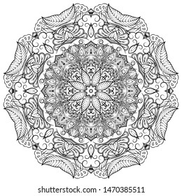 Mandala, tracery wheel mehndi design. Ethnic ornament, doodle symmetry texture. Folk traditional spiritual tribal design. Curved shape, isolated on white. Binary monochrome black and white art. Vector
