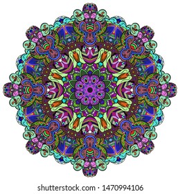 Mandala, tracery wheel mehndi design. Ethnic ornament, colorful doodle symmetry texture. Folk traditional spiritual tribal design. Curved shape, isolated on white. Color art. Vector