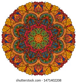 Mandala, tracery wheel mehndi design. Ethnic ornament, colorful doodle symmetry texture. Folk traditional spiritual tribal design. Curved shape, isolated on white. Color art. Vector