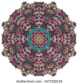 Mandala, tracery wheel mehndi design. Ethnic ornament, colorful doodle symmetry texture. Folk traditional spiritual tribal design. Curved shape, isolated on white. Color art. Vector
