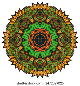 Mandala, tracery wheel mehndi design. Ethnic ornament, colorful doodle symmetry texture. Folk traditional spiritual tribal design. Curved shape, isolated on white. Color art. Vector