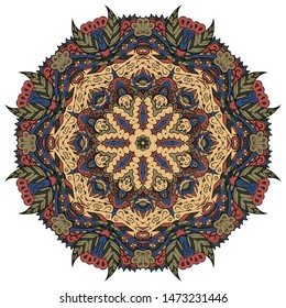 Mandala, tracery wheel mehndi design. Ethnic ornament, colorful doodle symmetry texture. Folk traditional spiritual tribal design. Curved shape, isolated on white. Color art. Vector