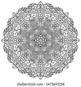 Mandala, tracery wheel mehndi design. Ethnic ornament, doodle symmetry texture. Folk traditional spiritual tribal design. Curved shape, isolated on white. Binary monochrome black and white art. Vector