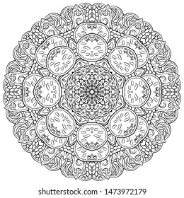 Mandala, tracery wheel mehndi design. Ethnic ornament, doodle symmetry texture. Folk traditional spiritual tribal design. Curved shape, isolated on white. Binary monochrome black and white art. Vector