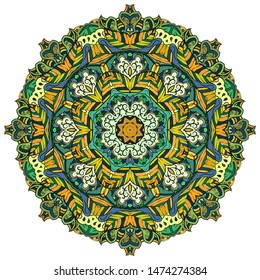 Mandala, tracery wheel mehndi design. Ethnic ornament, colorful doodle symmetry texture. Folk traditional spiritual tribal design. Curved shape, isolated on white. Color art. Vector