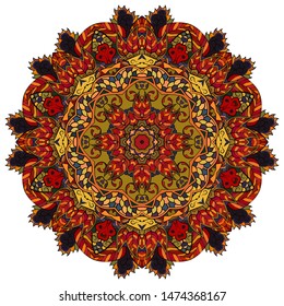 Mandala, tracery wheel mehndi design. Ethnic ornament, colorful doodle symmetry texture. Folk traditional spiritual tribal design. Curved shape, isolated on white. Color art. Vector