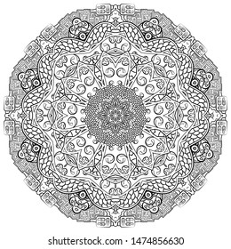 Mandala, tracery wheel mehndi design. Ethnic ornament, doodle symmetry texture. Folk traditional spiritual tribal design. Curved shape, isolated on white. Binary monochrome black and white art. Vector