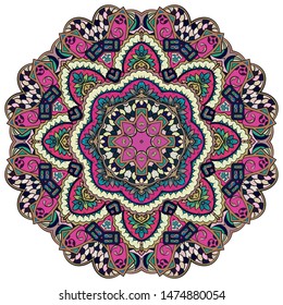 Mandala, tracery wheel mehndi design. Ethnic ornament, colorful doodle symmetry texture. Folk traditional spiritual tribal design. Curved shape, isolated on white. Color art. Vector