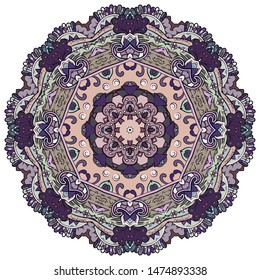 Mandala, tracery wheel mehndi design. Ethnic ornament, colorful doodle symmetry texture. Folk traditional spiritual tribal design. Curved shape, isolated on white. Color art. Vector