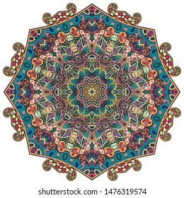 Mandala, tracery wheel mehndi design. Ethnic ornament, colorful doodle symmetry texture. Folk traditional spiritual tribal design. Curved shape, isolated on white. Color art. Vector