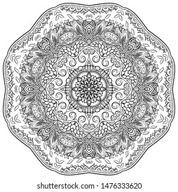 Mandala, tracery wheel mehndi design. Ethnic ornament, doodle symmetry texture. Folk traditional spiritual tribal design. Curved shape, isolated on white. Binary monochrome black and white art. Vector