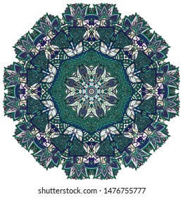 Mandala, tracery wheel mehndi design. Ethnic ornament, colorful doodle symmetry texture. Folk traditional spiritual tribal design. Curved shape, isolated on white. Color art. Vector
