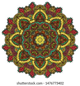 Mandala, tracery wheel mehndi design. Ethnic ornament, colorful doodle symmetry texture. Folk traditional spiritual tribal design. Curved shape, isolated on white. Color art. Vector