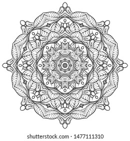 Mandala, tracery wheel mehndi design. Ethnic ornament, doodle symmetry texture. Folk traditional spiritual tribal design. Curved shape, isolated on white. Binary monochrome black and white art. Vector