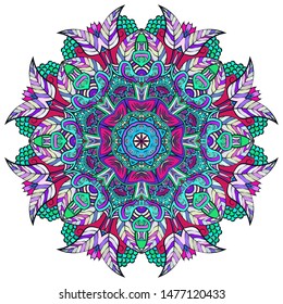 Mandala, tracery wheel mehndi design. Ethnic ornament, colorful doodle symmetry texture. Folk traditional spiritual tribal design. Curved shape, isolated on white. Color art. Vector