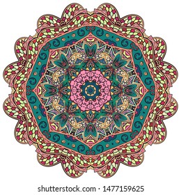 Mandala, tracery wheel mehndi design. Ethnic ornament, colorful doodle symmetry texture. Folk traditional spiritual tribal design. Curved shape, isolated on white. Color art. Vector