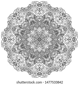 Mandala, tracery wheel mehndi design. Ethnic ornament, doodle symmetry texture. Folk traditional spiritual tribal design. Curved shape, isolated on white. Binary monochrome black and white art. Vector