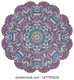 Mandala, tracery wheel mehndi design. Ethnic ornament, colorful doodle symmetry texture. Folk traditional spiritual tribal design. Curved shape, isolated on white. Color art. Vector
