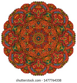 Mandala, tracery wheel mehndi design. Ethnic ornament, colorful doodle symmetry texture. Folk traditional spiritual tribal design. Curved shape, isolated on white. Color art. Vector