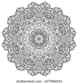 Mandala, tracery wheel mehndi design. Ethnic ornament, doodle symmetry texture. Folk traditional spiritual tribal design. Curved shape, isolated on white. Binary monochrome black and white art. Vector