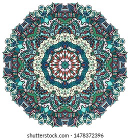 Mandala, tracery wheel mehndi design. Ethnic ornament, colorful doodle symmetry texture. Folk traditional spiritual tribal design. Curved shape, isolated on white. Color art. Vector