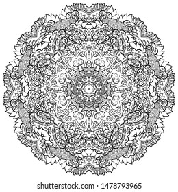 Mandala, tracery wheel mehndi design. Ethnic ornament, doodle symmetry texture. Folk traditional spiritual tribal design. Curved shape, isolated on white. Binary monochrome black and white art. Vector