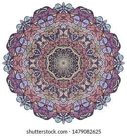 Mandala, tracery wheel mehndi design. Ethnic ornament, colorful doodle symmetry texture. Folk traditional spiritual tribal design. Curved shape, isolated on white. Color art. Vector