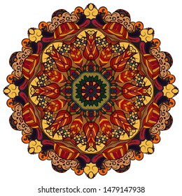 Mandala, tracery wheel mehndi design. Ethnic ornament, colorful doodle symmetry texture. Folk traditional spiritual tribal design. Curved shape, isolated on white. Color art. Vector